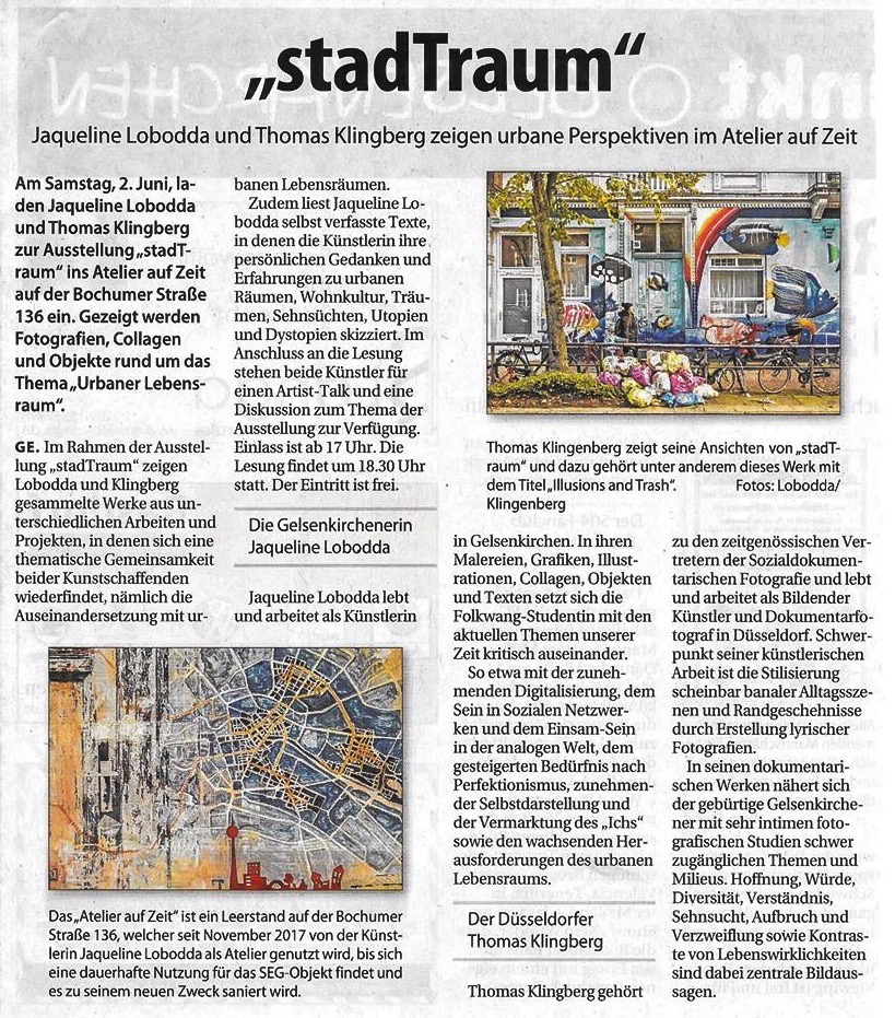 Pressemeldung zur Ausstellung stadTraum von Jaqueline Lobodda und Thomas Klingberg in Gelsenkirchen