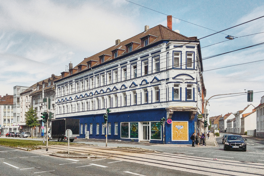 Die sogenannte "Engelsburg" an der Schalker Meile in Gelsenkirchen, Kurt-Schumacher-Straße Ecke Uechtingstraße