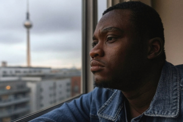 Fred aus Ghana. Wo ich atme, möchte ich zu Hause sein. Berlin, 2022. Aufgenommen während der Corona-Pandemie in einer Notunterbringung. Ein fotografisch-künstlerischer Kommentar über Zugehörigkeit, Isolation und das Bedürfnis nach einem Zuhause – zwischen Pandemie-Erfahrung und dem Gefühl von Fremdheit.