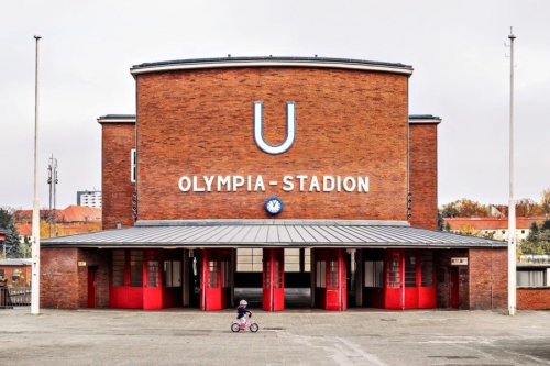 This documentary photograph by Thomas Klingberg shows the entrance of the underground station Olympia Stadion on Berlin in autumn 2020. Underground Station Olympia Stadium Berlin